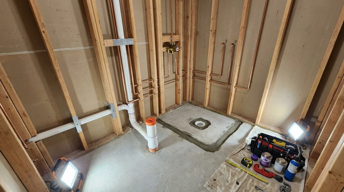 Bathroom rough-in plumbing during remodel by Johns Plumbing LLC in Alamogordo