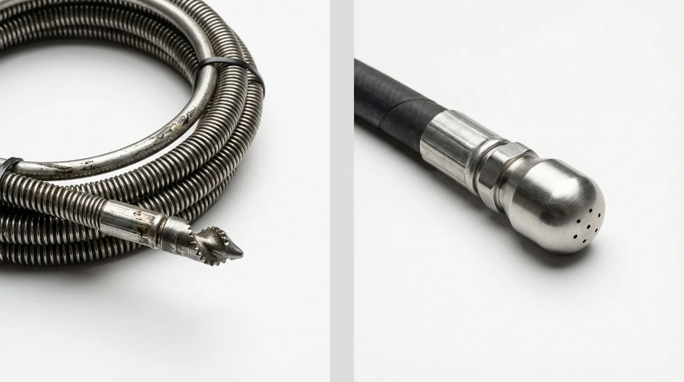 Drain snake cable and hydro jetting nozzle used for drain cleaning in Alamogordo, NM
