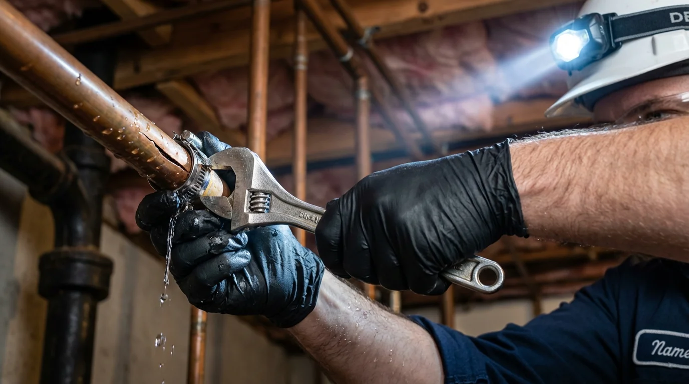 Emergency pipe clamp repair being performed by a Johns Plumbing LLC plumber in Alamogordo