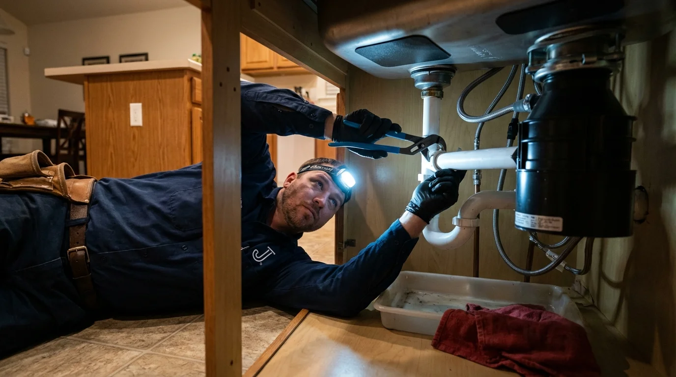 P-trap and supply line connections under a kitchen sink showing a common leak point in Alamogordo, NM